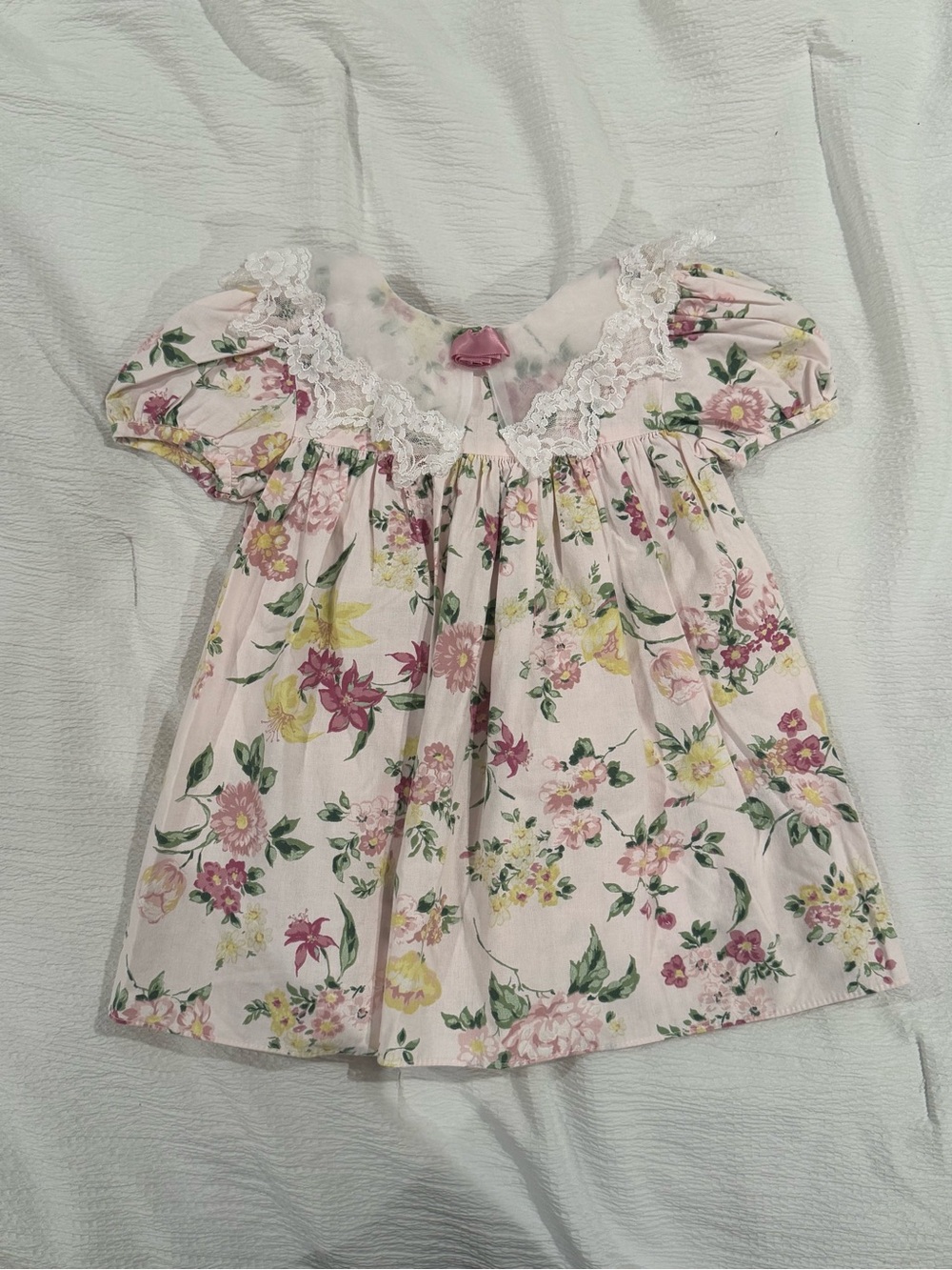 Vintage 90s Girls' Pink Floral Lace-Trim Dress Top